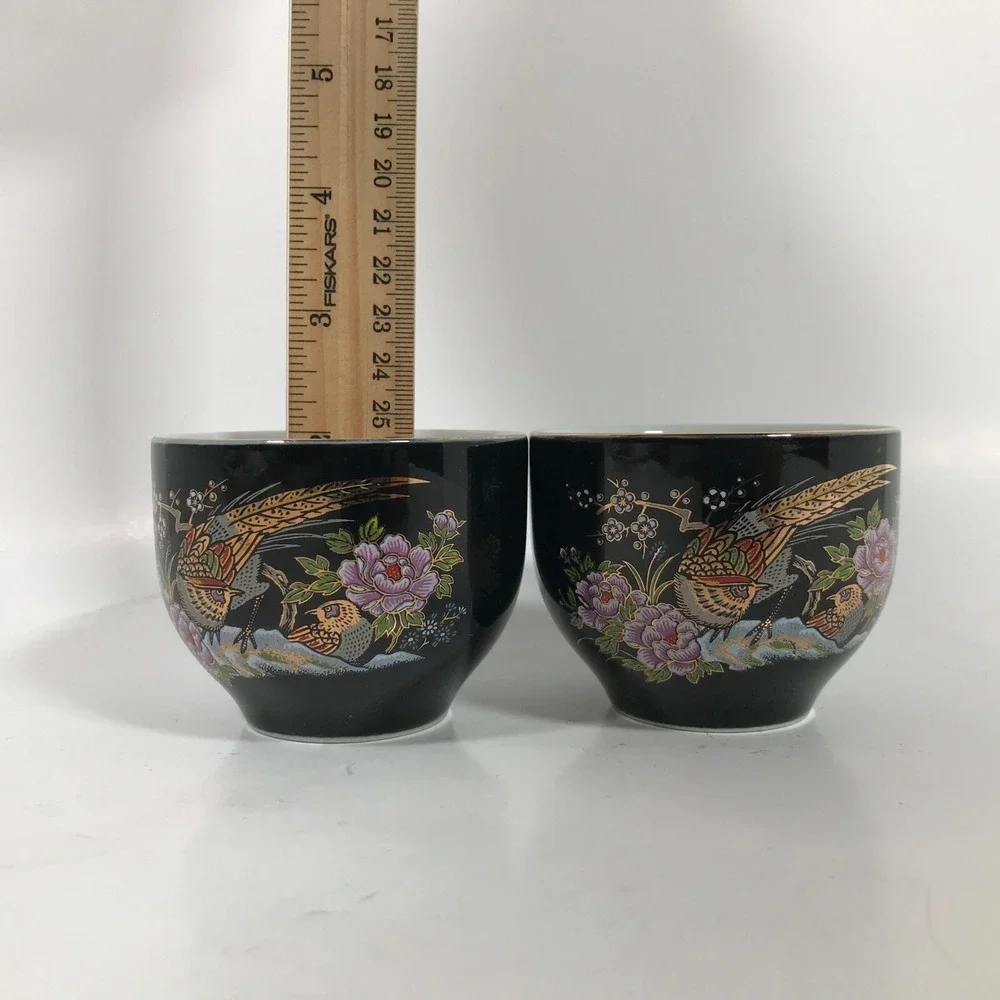 Vintage Japanese Black Ceramic Pheasant Tea Cup Set Floral Gold Trim 2pc